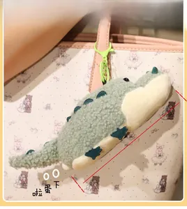 Detail of 16cm green plush crocodile keychain attached to a white handbag with bear pattern
