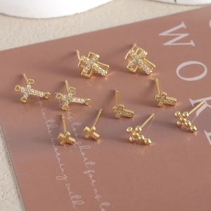 Exquisite 18K gold plated copper cross stud earrings with micro-inlaid cubic zirconia