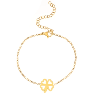 Detail of adjustable gold clover bracelet with lobster clasp and extension chain