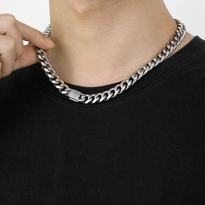 Silver 10mm Cuban link chain necklace with iced out CNC diamond fold over clasp for men