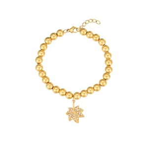 Golden beaded bracelet with a sparkling maple leaf pendant and inlaid rhinestones