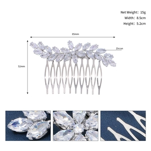 Detailed silver bridal hair comb dimensions 8.5x5.2cm with zircon leaf and floral motifs