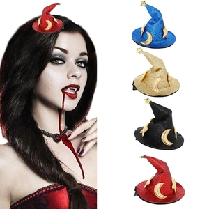 Mini witch hat hair clips set with glitter finish and moon star charms for Halloween