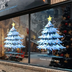 Christmas Window Stickers Static Cling PVC Blue Tree Merry Christmas Glass Door Decal Holiday Party Decoration Snowflake
