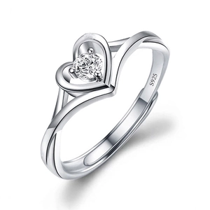 S925 sterling silver adjustable heart ring with sparkling round cubic zirconia