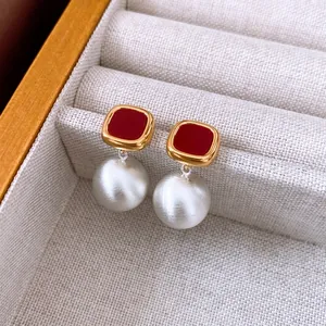 Elegant gold square earrings with red enamel and white brushed pearl drops for women
