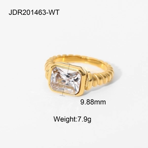 Detailed view of croissant twisted ring with 9.88mm rectangular white gemstone
