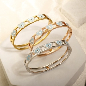 Evil Eye Bangle Bracelet Heart Shaped Stainless Steel Enamel Rhinestone Hinged Buckle Jewelry For Women Trendy Boho