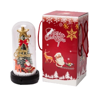 Christmas tree glass dome with LED lights, Santa figurine and red gift box set