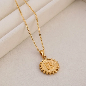 18K gold-plated stainless steel necklace featuring a textured round pendant with letter B