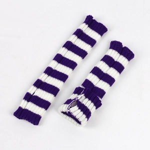 Detail of purple and white striped knit arm warmer showing thumb hole and ribbed texture