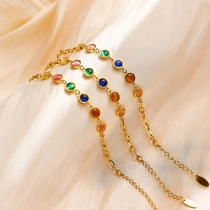 French vintage stainless steel bracelet set with colorful round cat eye stones on silk