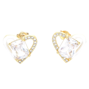 Golden heart stud earrings with rectangular crystal and micro-paved zircons on white backdrop