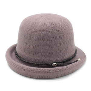 Breathable knit bucket hat for women in dusty pink with decorative leather band