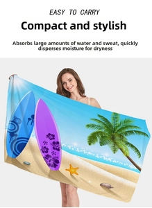 Detail of beach towel featuring vibrant surfboard and palm tree prints for summer beach
