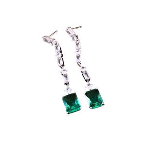 French style silver earrings with emerald green rectangular zircon drop and silver base