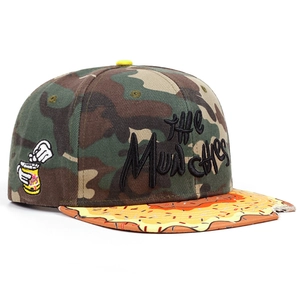 Detail of flat brim baseball cap with camouflage pattern, pizza print, and notch design