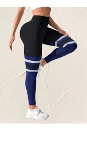 Close-up of high-waist yoga leggings featuring side stripes and color-block compression fabric