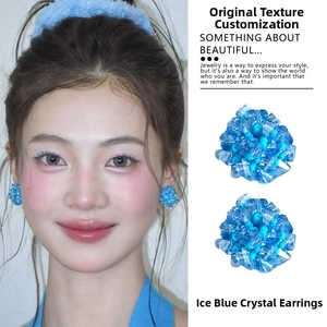 Detailed view of ice blue crystal stud earrings with a clustered floral design for women
