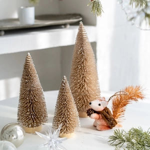 Mini champagne flocked Christmas tree set with squirrel figurine for tabletop decor