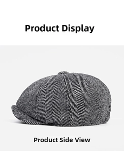 Side view of retro herringbone newsboy hat with textured grey tweed fabric finish