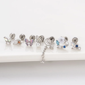 Silver stainless steel stud earrings set with butterfly flower zircon and opal designs