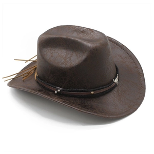Classic brown western cowboy hat with distressed leather texture and braided band details
