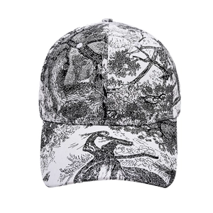 Women's baseball cap featuring black and white Toile de Jouy forest patterns and curved brim
