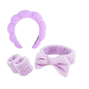 Lavender spa set details showing plush cloud headband, bow hair band and wristbands
