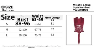 Detailed size chart for burgundy lace V-neck sleeveless top with measurements in cm