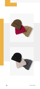 Flat lay detail showing six colors of double-layer merino wool knitted beanies