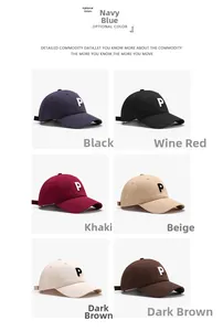 Detail showing embroidered P letter baseball caps in six classic colors on white background