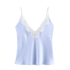 Elegant light blue satin camisole with white lace trim V-neck and thin straps for women