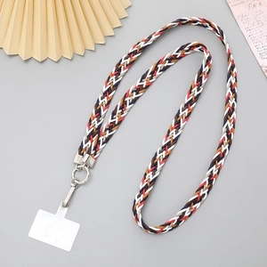 Colorful woven crossbody phone strap with silver metal clasp and insert card attachment