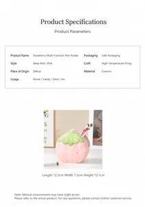Macro detail of strawberry ceramic desk organizer with dimensions and texture info