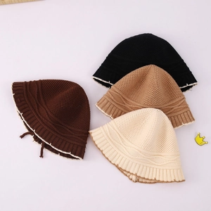 Knit bucket hats for girls in brown tones featuring cable knit patterns and wavy brims