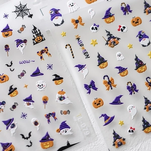 5D embossed Halloween nail stickers with pumpkins, ghosts and spider web patterns