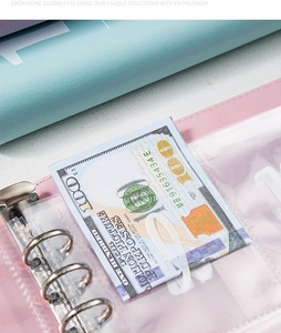 Macro detail of PU leather A5 binder with clear PVC cash envelopes for budget planning