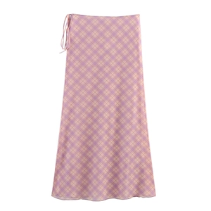 Jupe longue à carreaux violet et jaune avec taille haute et détail à nouer