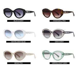 Collage of six chic cat-eye sunglasses with rhinestone-encrusted temples in various colors