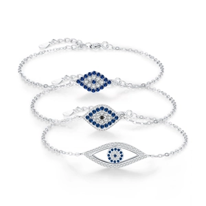 Trois bracelets en argent S925 avec oeil bleu et zircons brillants pour femme