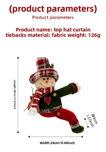 Detailed view of plaid snowman Christmas curtain tie with specific product dimensions