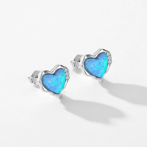 Elegant S925 sterling silver heart-shaped blue opal stud earrings with zircon border