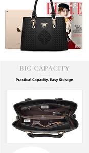 Detailed view of black textured leather bag showing internal pockets and size comparison