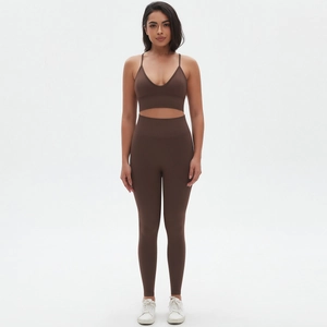 Women's 2-piece seamless yoga set with V-neck sports bra and high waist leggings in chocolate brown