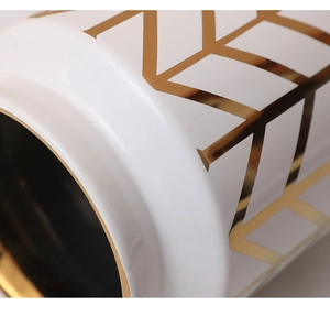Macro view of white ceramic vase featuring a polished golden chevron pattern detail