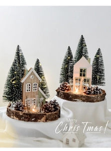 Luminous wooden house and Christmas tree desktop ornaments with warm candle light
