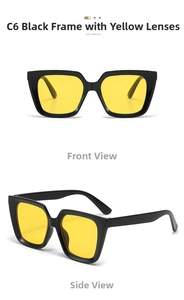 Detailed front and side views of oversized black square sunglasses with yellow lenses