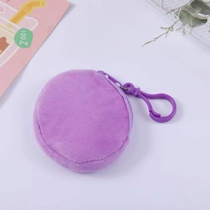 Cute purple plush round coin purse with matching zipper and plastic hook for bags