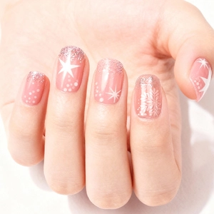 Press On Nails Pink With Silver Glitter Gradient White Snowflake Winter French Style Square Fake Nails For Women
